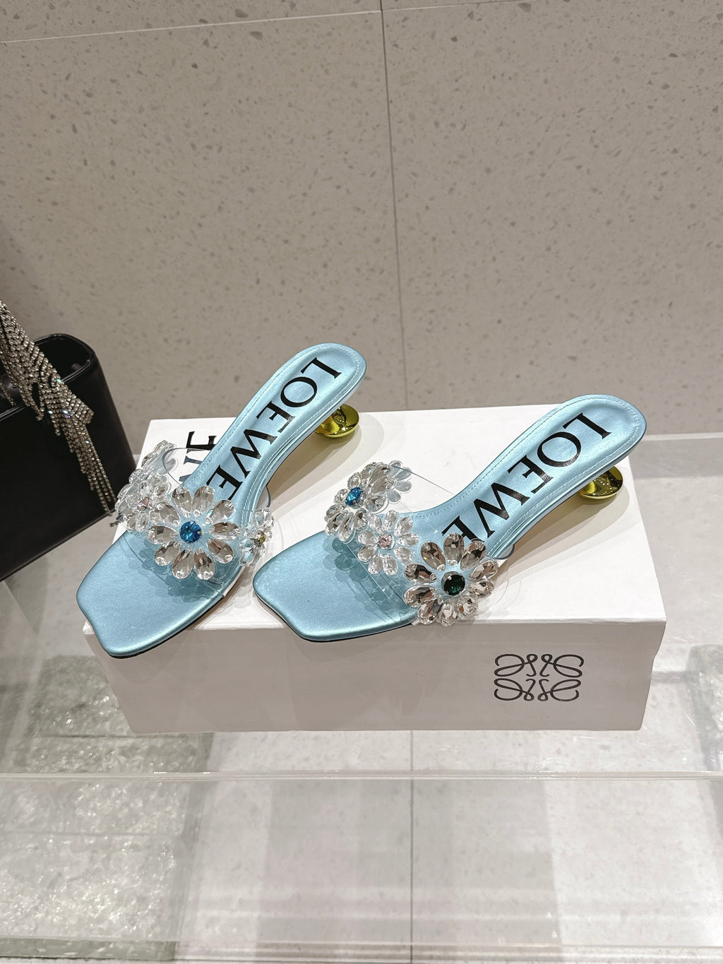 LOEWE 26S MULE HEELS 45MM IN LIGHT BLUE PVC WITH CRYSTAL FLORAL