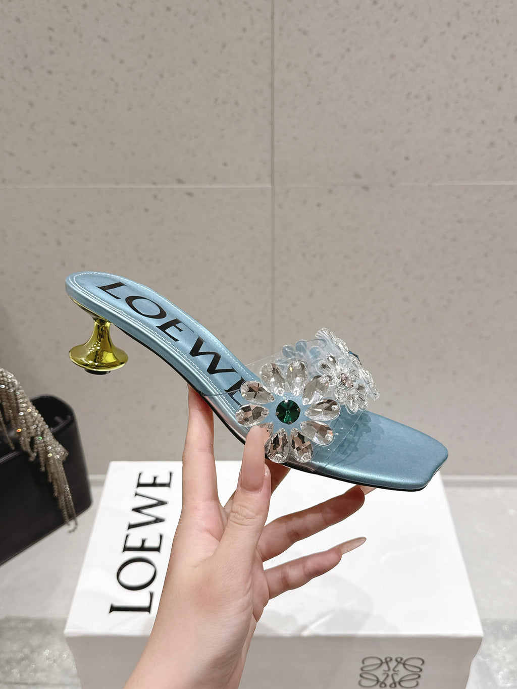 LOEWE 26S MULE HEELS 45MM IN LIGHT BLUE PVC WITH CRYSTAL FLORAL
