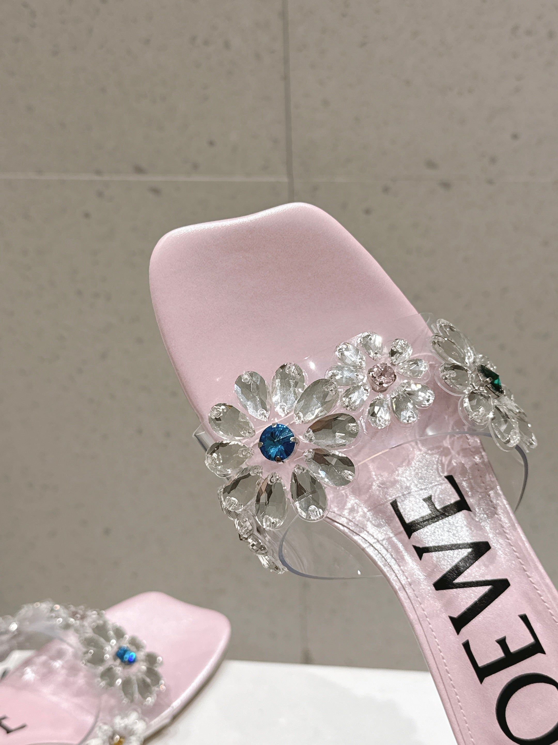 LOEWE 26S MULE HEELS 45MM IN LIGHT PINK PVC WITH CRYSTAL FLORAL