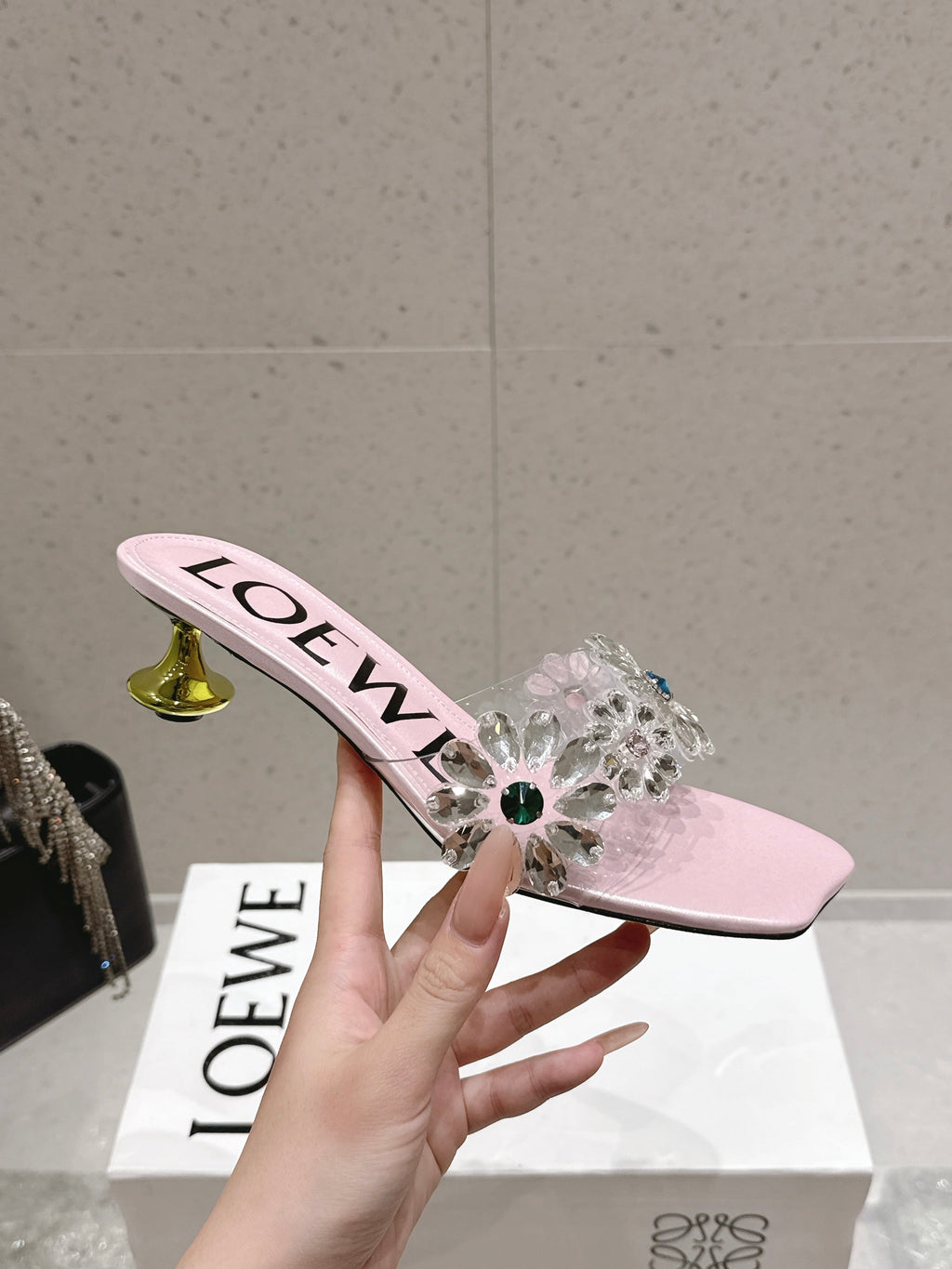 LOEWE 26S MULE HEELS 45MM IN LIGHT PINK PVC WITH CRYSTAL FLORAL