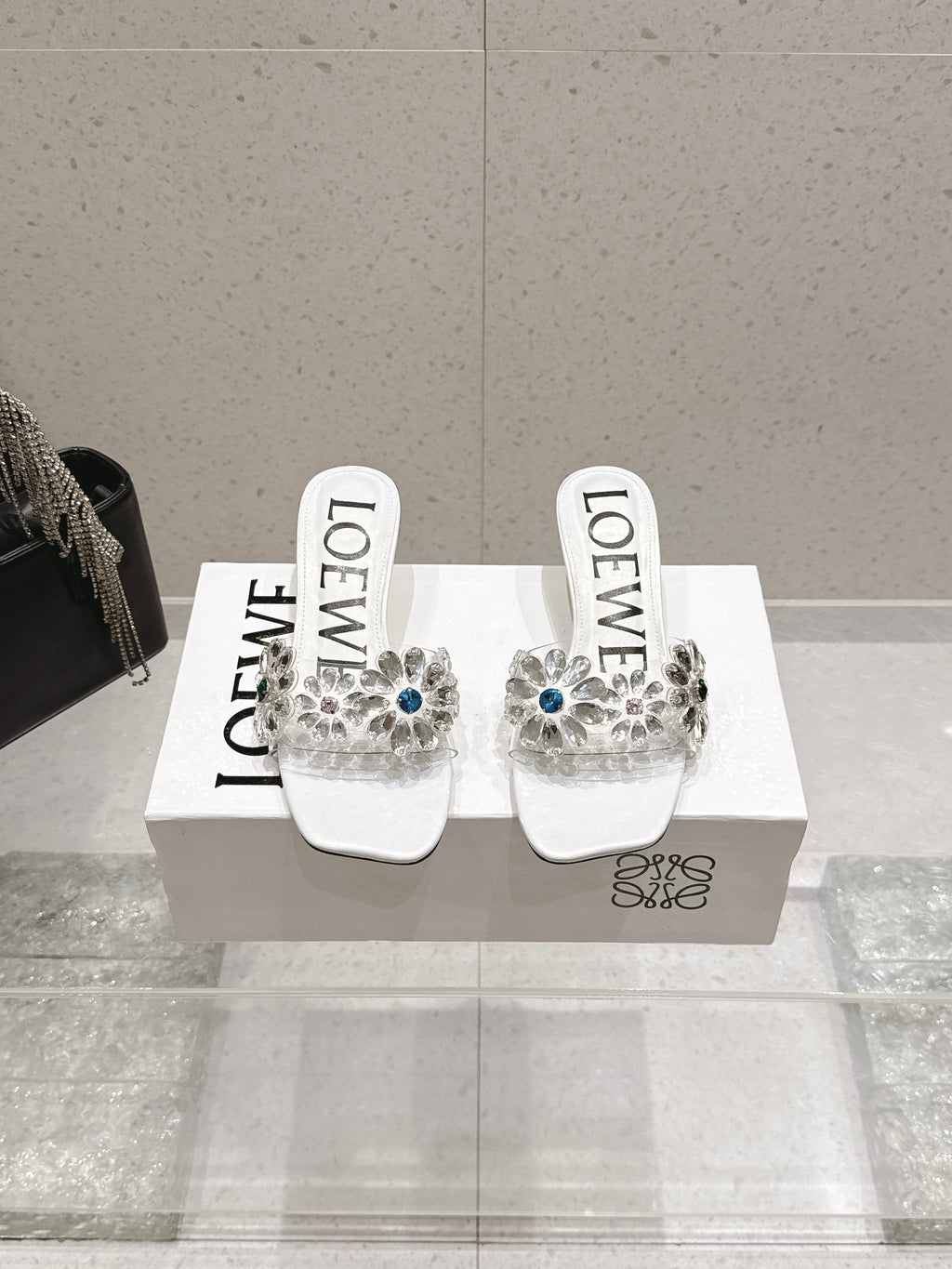 LOEWE 26S MULE HEELS 45MM IN WHITE PVC WITH CRYSTAL FLORAL