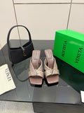 BOTTEGA VENETA 26S HEELED SANDALS 95 MM IN DARK BROWN CALFSKIN AND RAFFIA