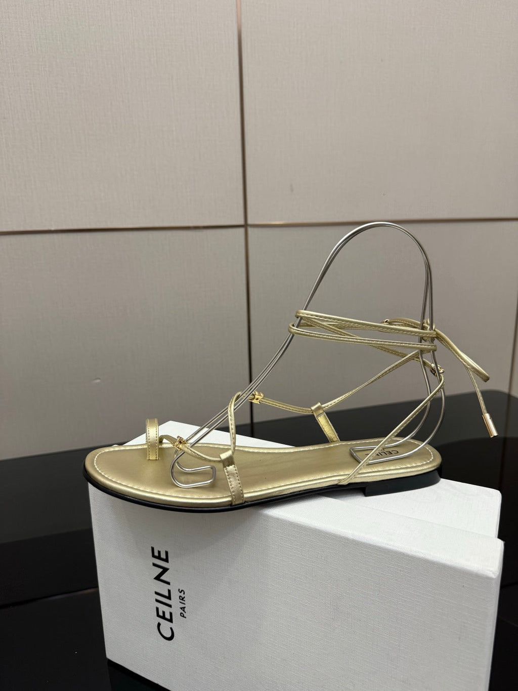 CELINE 26S TRIOMPHE LACE UP FLAT SANDALS IN GOLD CALFSKIN