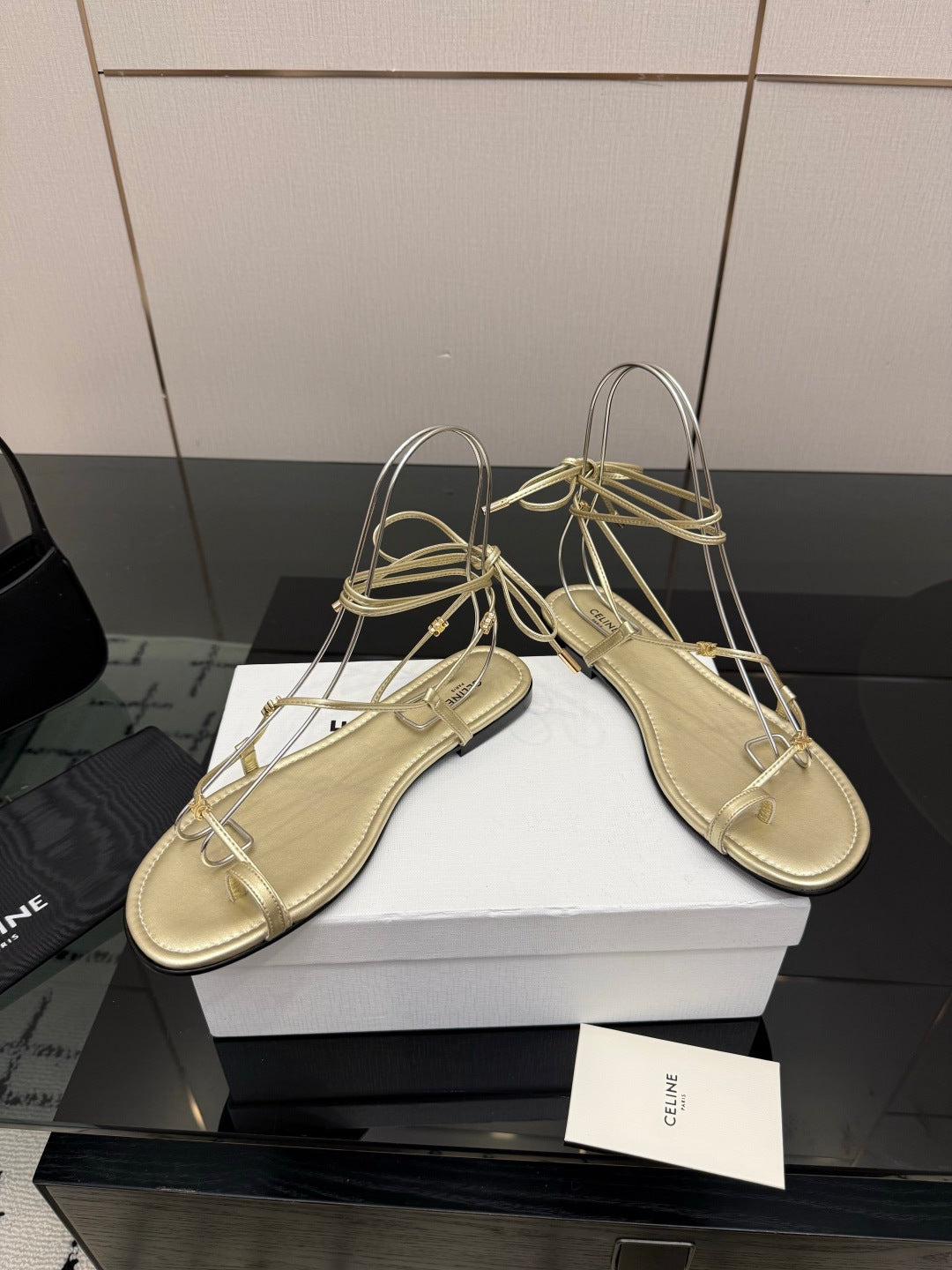 CELINE 26S TRIOMPHE LACE UP FLAT SANDALS IN GOLD CALFSKIN