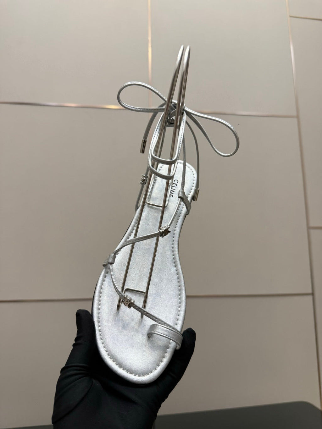 CELINE 26S TRIOMPHE LACE UP FLAT SANDALS IN SILVER CALFSKIN