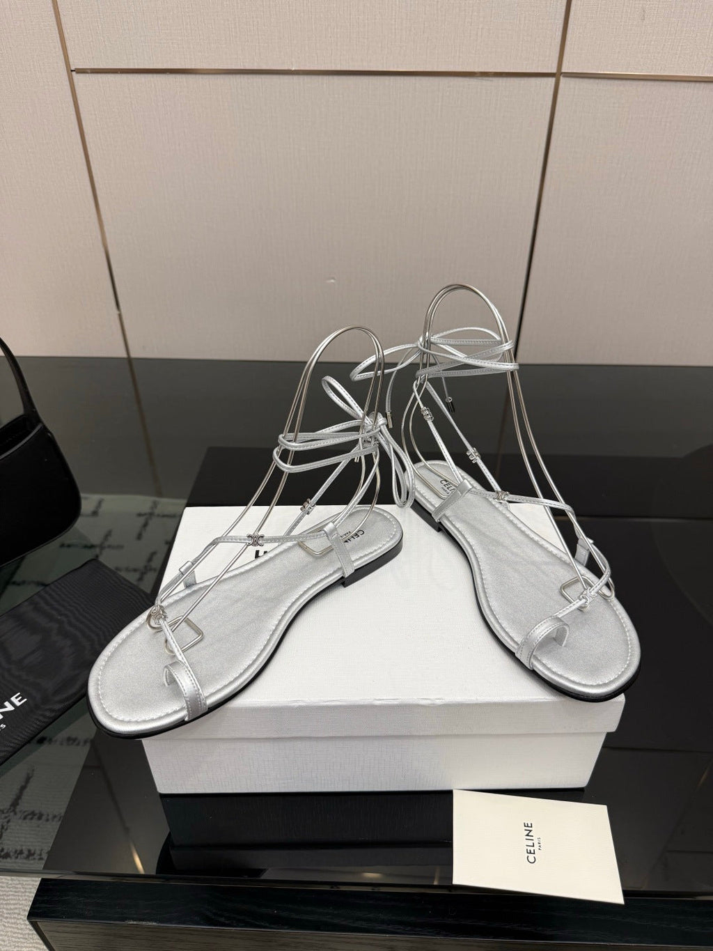 CELINE 26S TRIOMPHE LACE UP FLAT SANDALS IN SILVER CALFSKIN