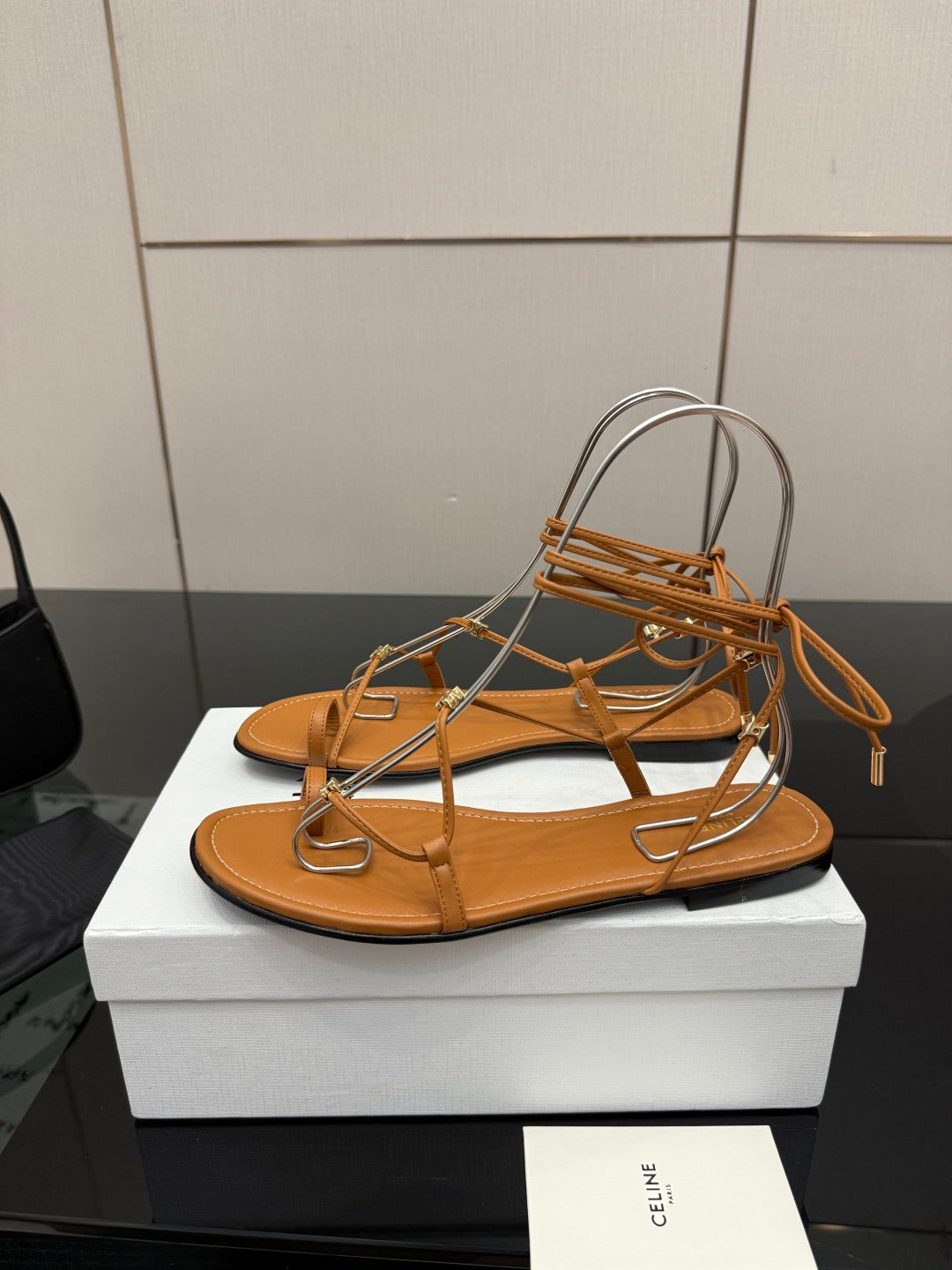 CELINE 26S TRIOMPHE LACE UP FLAT SANDALS IN TAN BROWN CALFSKIN