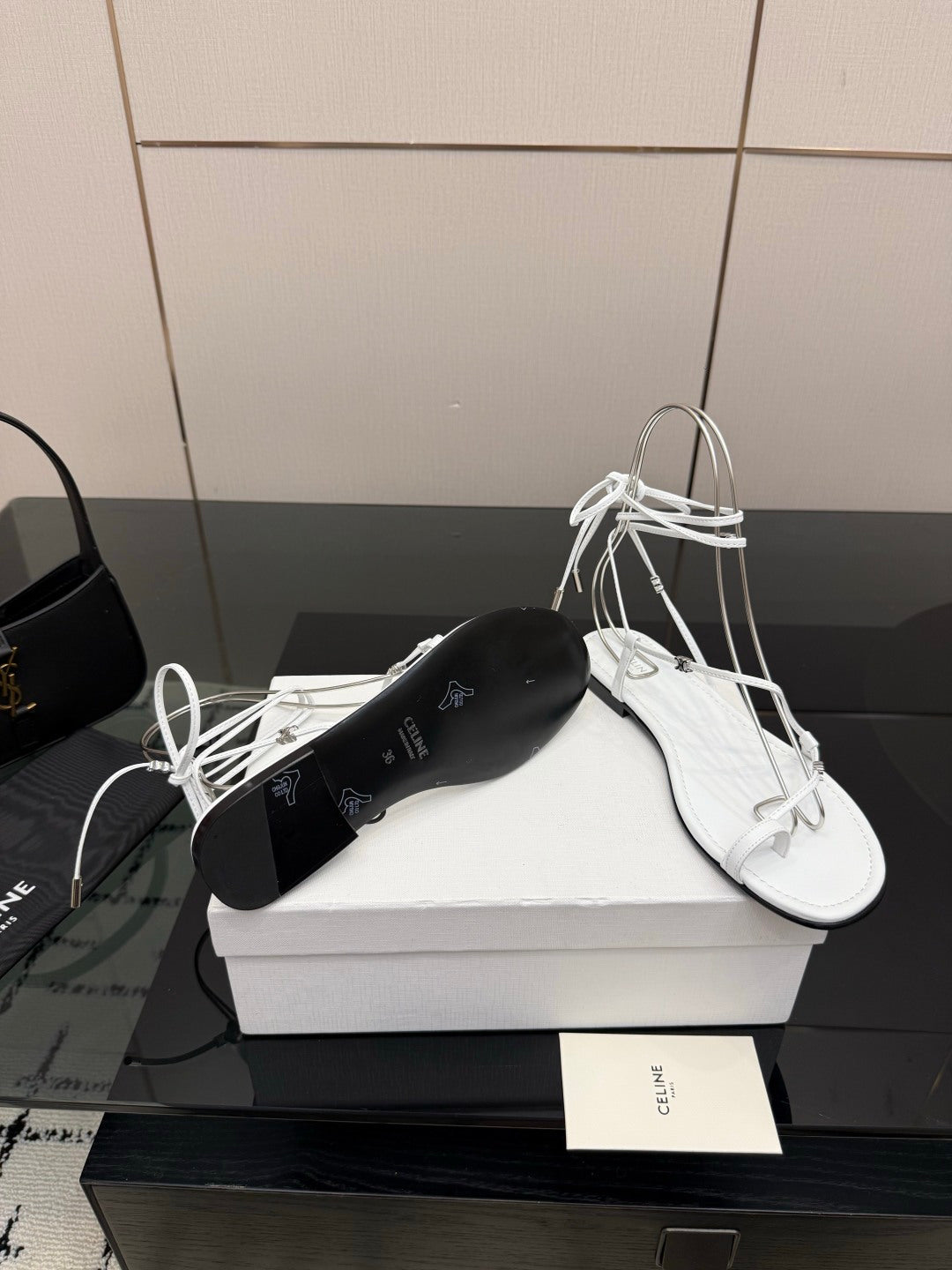 CELINE 26S TRIOMPHE LACE UP FLAT SANDALS IN WHITE CALFSKIN