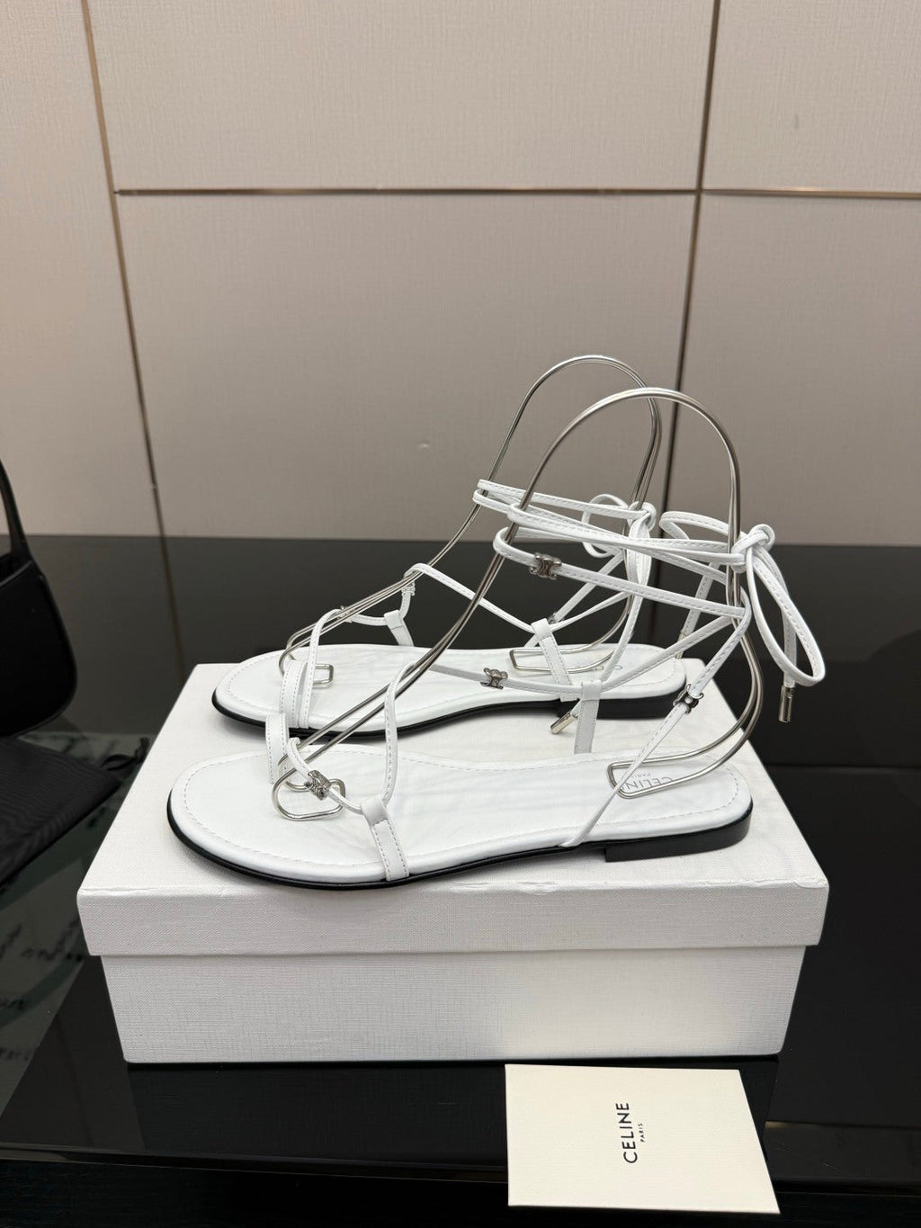 CELINE 26S TRIOMPHE LACE UP FLAT SANDALS IN WHITE CALFSKIN