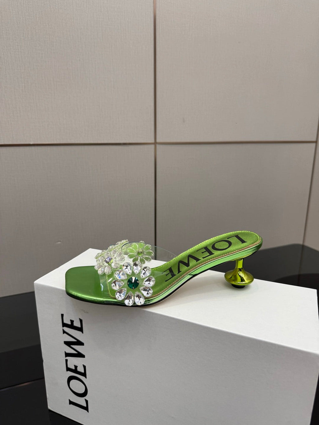 LOEWE 26S MULE HEELS 45MM IN GREEN PVC WITH CRYSTAL FLORAL