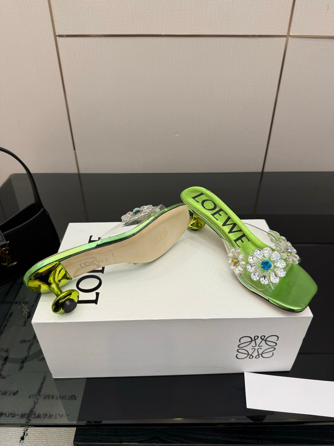 LOEWE 26S MULE HEELS 45MM IN GREEN PVC WITH CRYSTAL FLORAL
