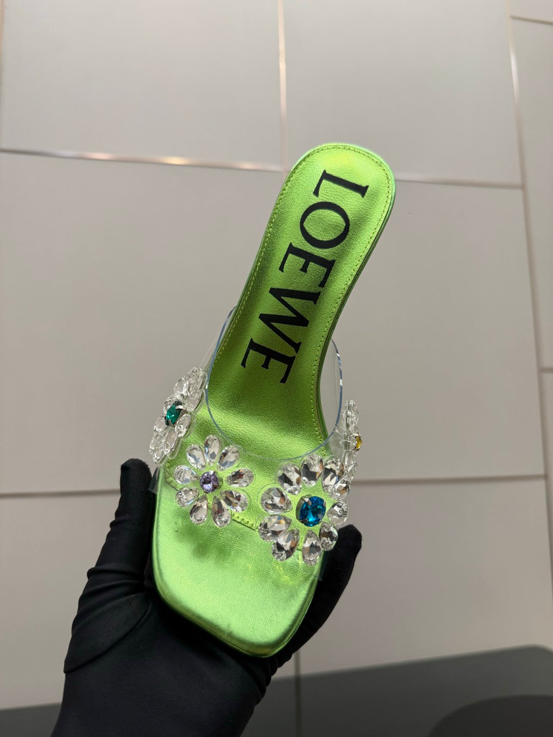 LOEWE 26S MULE HEELS 45MM IN GREEN PVC WITH CRYSTAL FLORAL