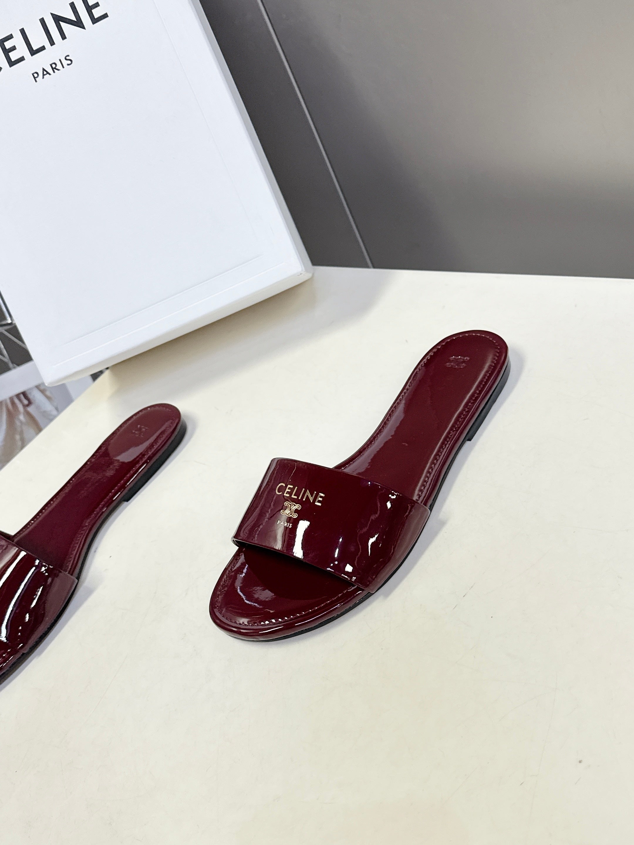 CELINE 26S FLAT SLIDES IN BURGUNDY RED PATENT LAMBSKIN