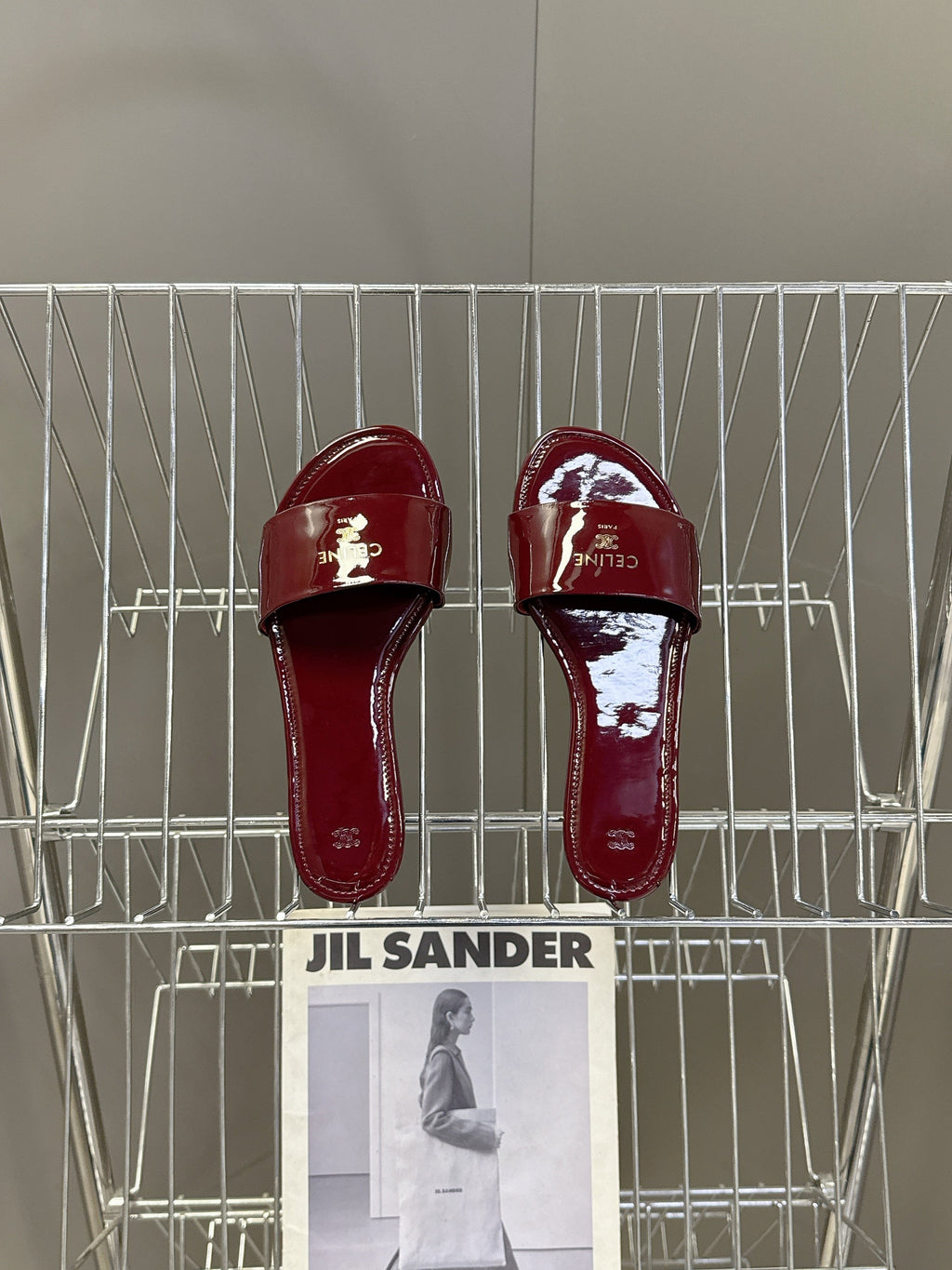 CELINE 26S FLAT SLIDES IN BURGUNDY RED PATENT LAMBSKIN