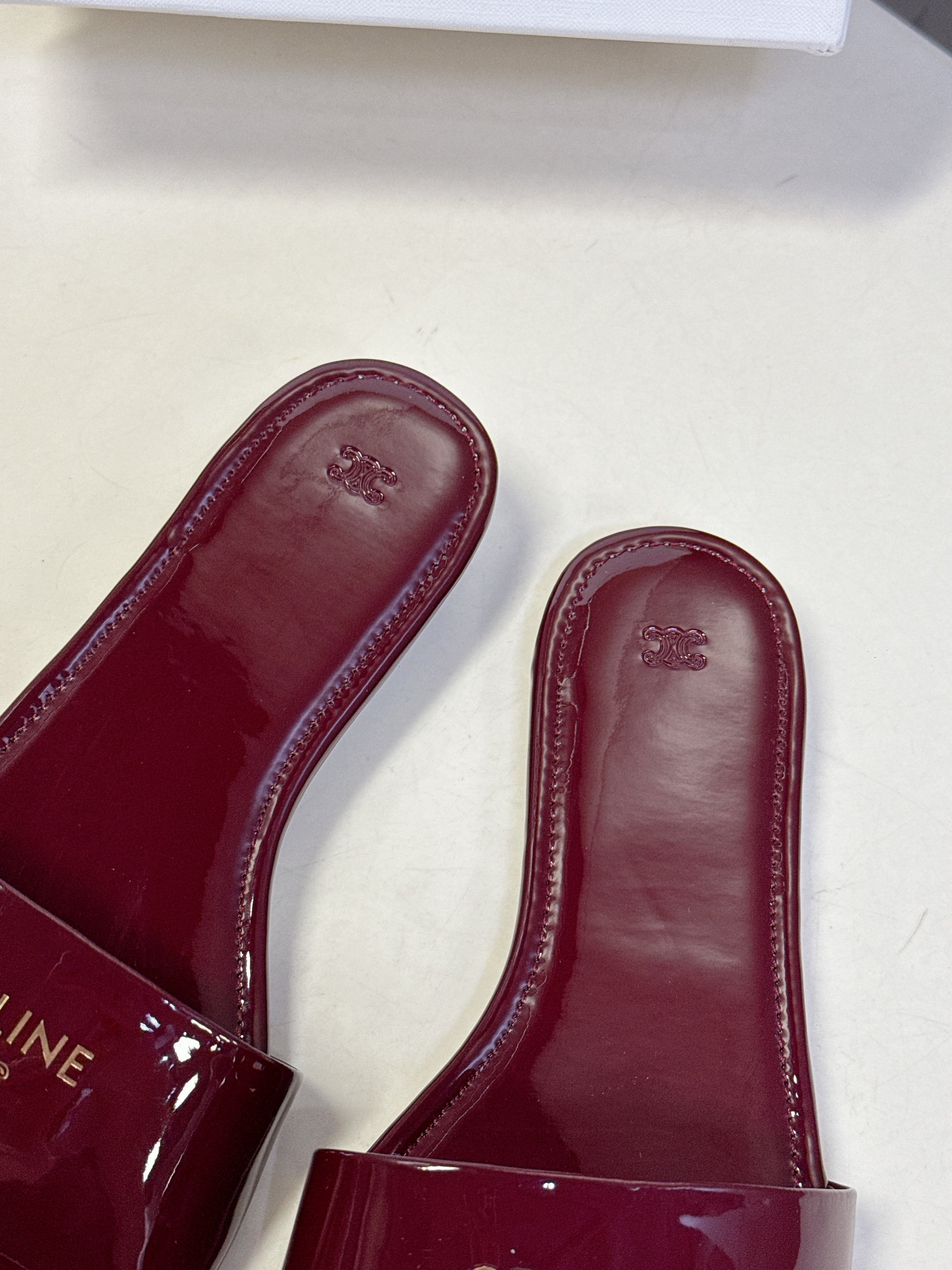 CELINE 26S FLAT SLIDES IN BURGUNDY RED PATENT LAMBSKIN