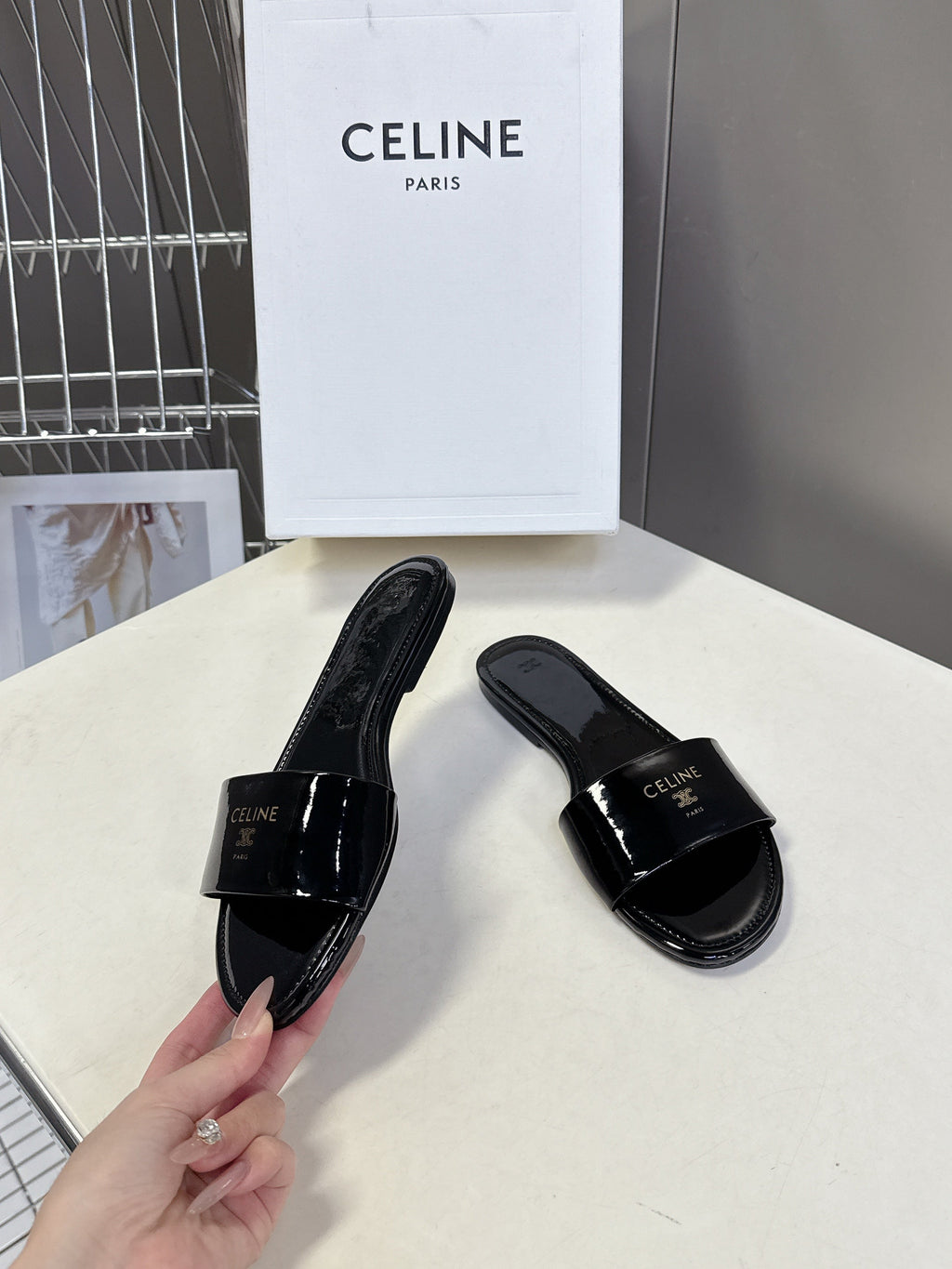 CELINE 26S FLAT SLIDES IN BLACK PATENT LAMBSKIN