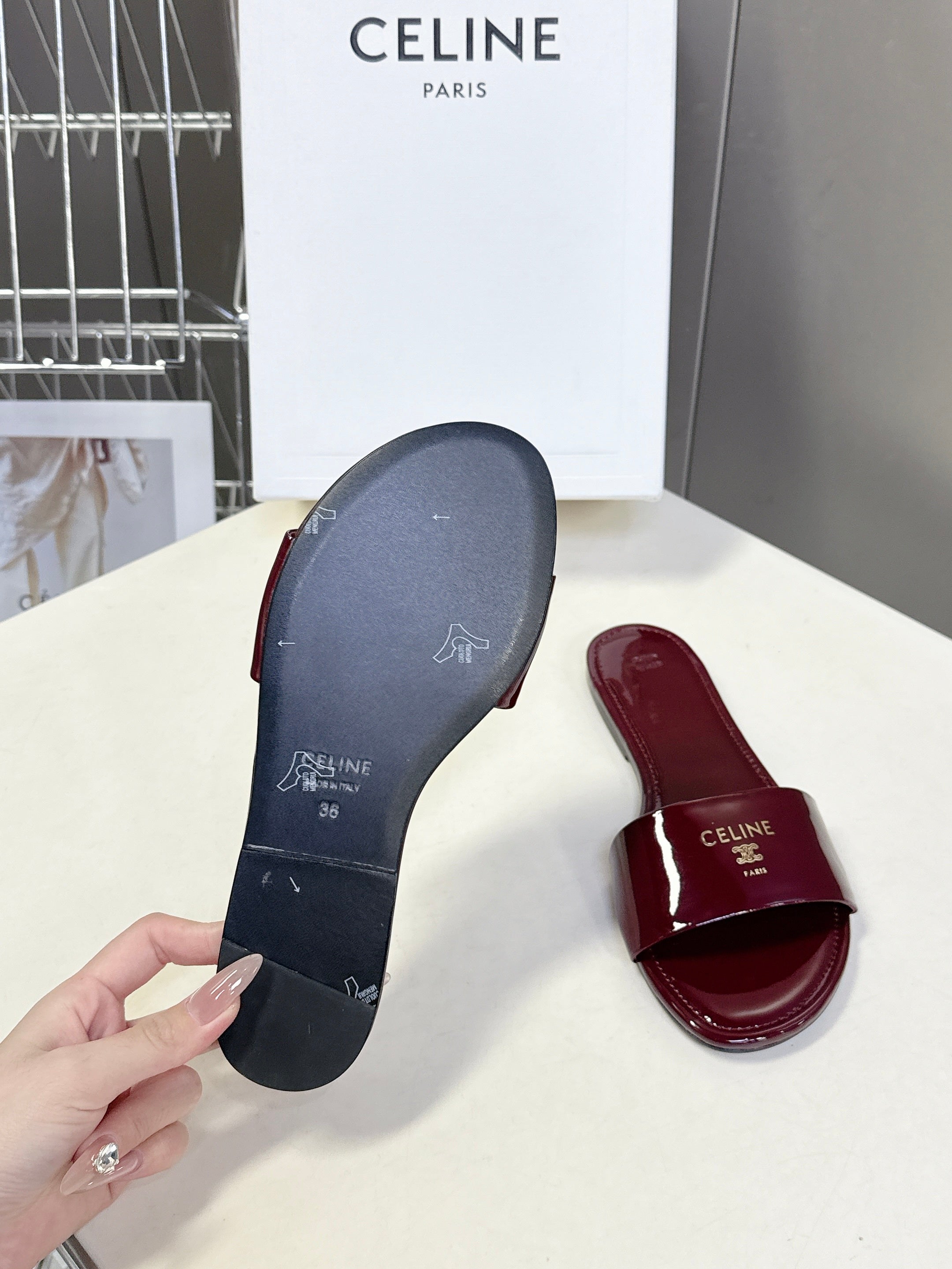 CELINE 26S FLAT SLIDES IN BURGUNDY RED PATENT LAMBSKIN