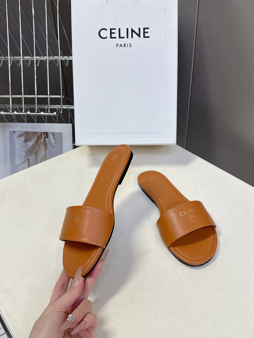 CELINE 26S FLAT SLIDES IN TAN BROWN LAMBSKIN