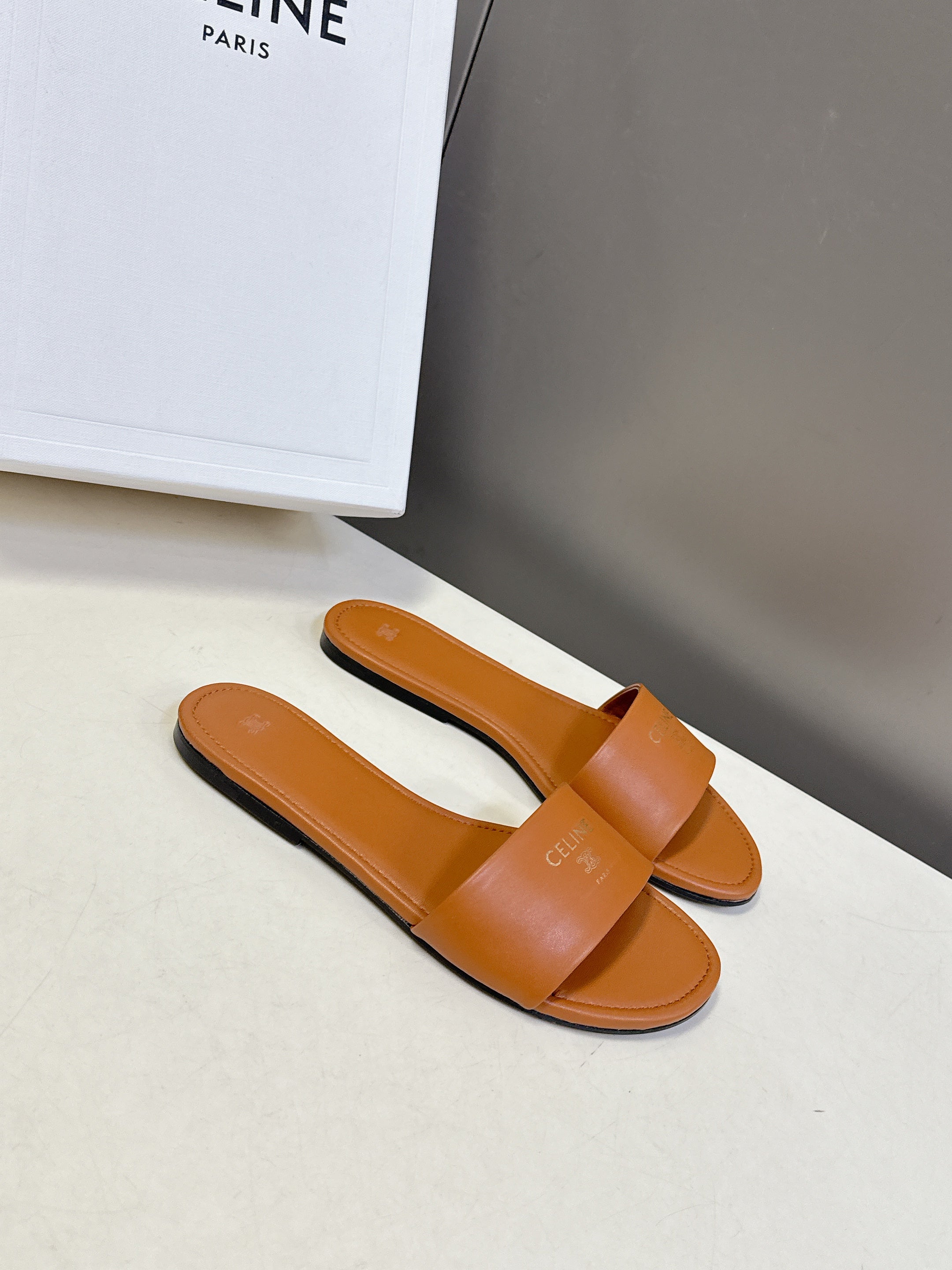 CELINE 26S FLAT SLIDES IN TAN BROWN LAMBSKIN