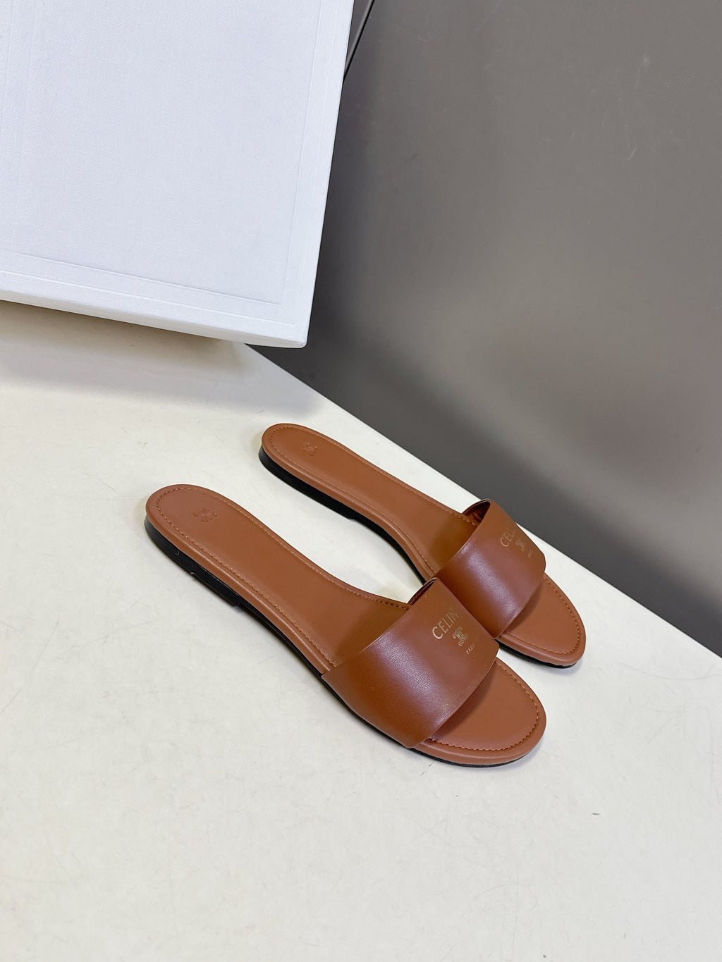 CELINE 26S FLAT SLIDES IN CARAMEL BROWN LAMBSKIN