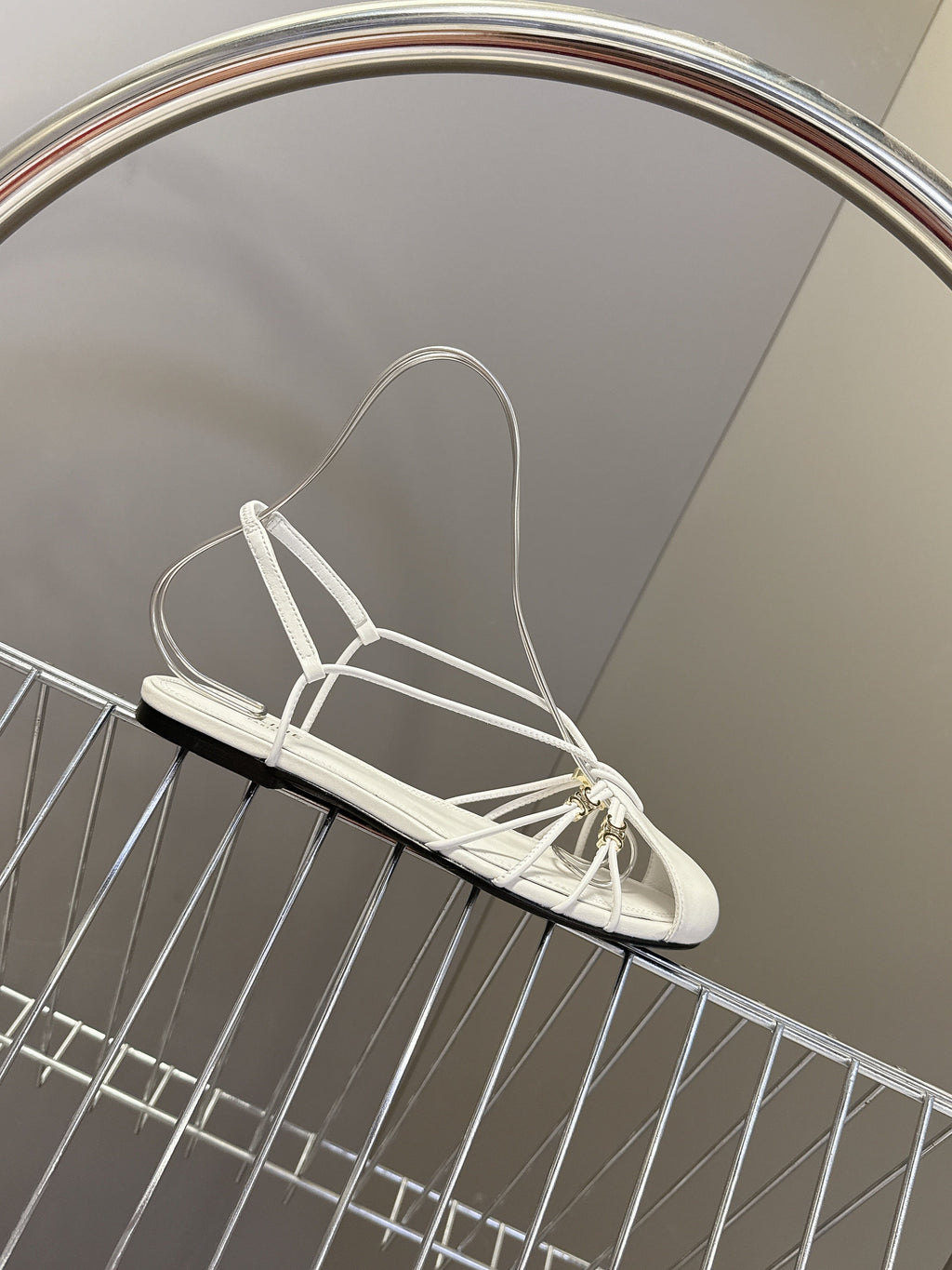 CELINE 26S TRIOMPHE LACE UP ANKLE STRAP FLAT SANDALS IN WHITE CALFSKIN