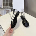 CELINE 26S TRIOMPHE LACE UP ANKLE STRAP FLAT SANDALS IN BLACK CALFSKIN