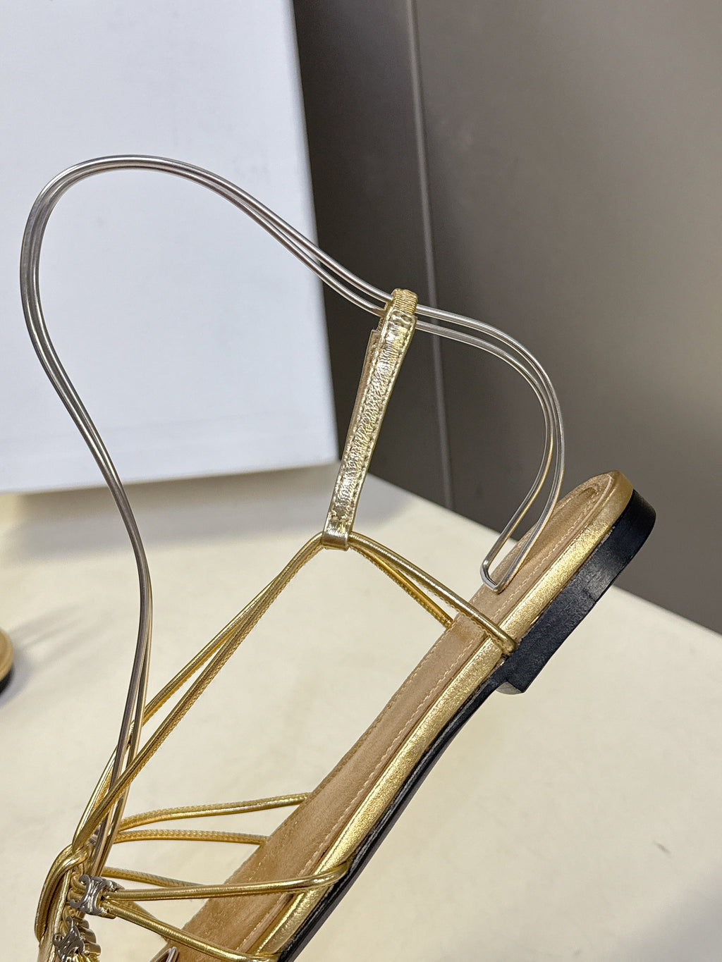 CELINE 26S TRIOMPHE LACE UP ANKLE STRAP FLAT SANDALS IN GOLD CALFSKIN