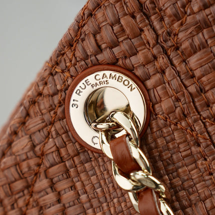 CHANEL 25S SHOULDER BAG 32 IN CARAMEL BROWN RAFFIA AND CALFSKIN GOLD HARDWARE