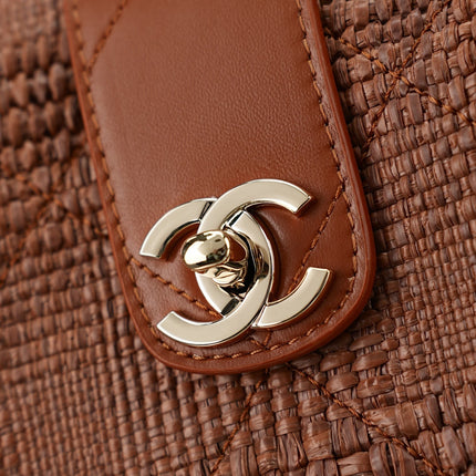 CHANEL 25S SHOULDER BAG 32 IN CARAMEL BROWN RAFFIA AND CALFSKIN GOLD HARDWARE