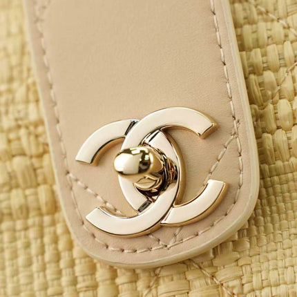 CHANEL 25S SHOULDER BAG 32 IN NATURAL RAFFIA AND CALFSKIN GOLD HARDWARE