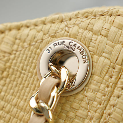 CHANEL 25S SHOULDER BAG 32 IN NATURAL RAFFIA AND CALFSKIN GOLD HARDWARE