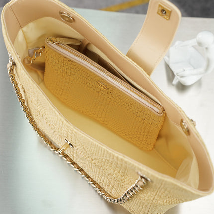 CHANEL 25S SHOULDER BAG 32 IN NATURAL RAFFIA AND CALFSKIN GOLD HARDWARE