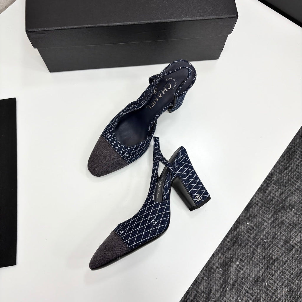 CC SLINGBACK 25S 90 MM IN NAVY BLUE DENIM WITH PLAID PATTERN