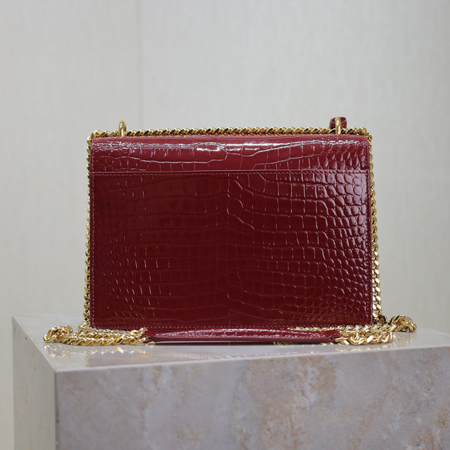 YSL 25S SUNSET MEDIUM 22 IN CRIMSON RED CROCODILE-EMBOSSED CALFSKIN GOLD HARDWARE