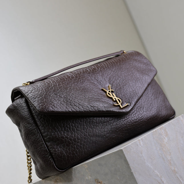 YSL 25S CALYPSO GM 38 IN DARK CHOCOLATE CALFSKIN GOLD HARDWARE