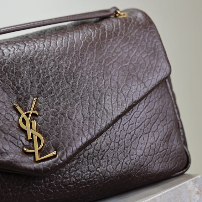 YSL 25S CALYPSO GM 38 IN DARK CHOCOLATE CALFSKIN GOLD HARDWARE
