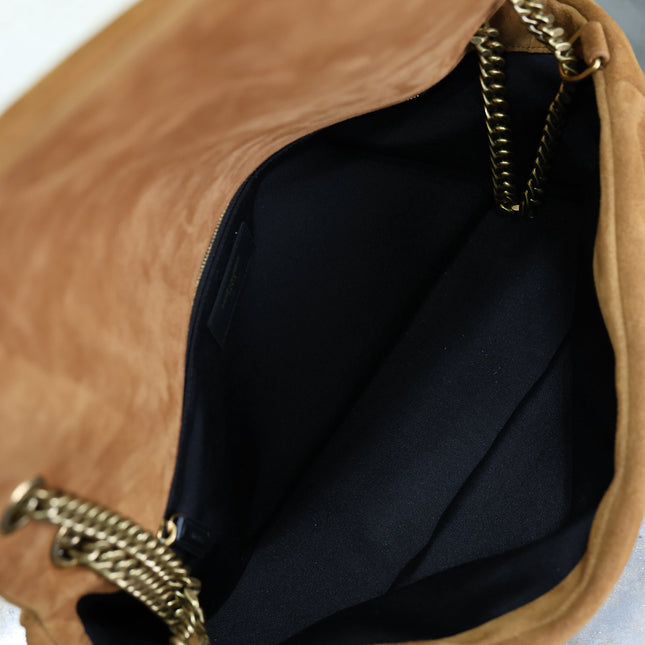 YSL 25S CALYPSO GM 38 IN DARK CARAMEL SUEDE GOLD HARDWARE