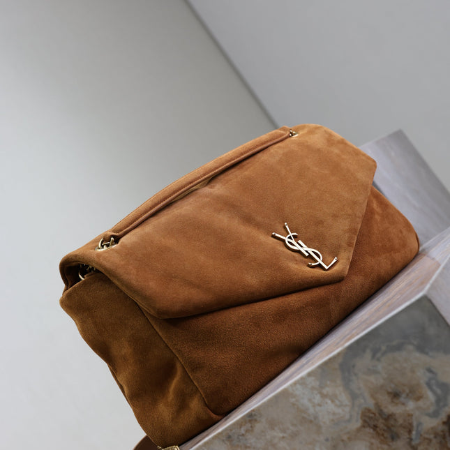 YSL 25S CALYPSO GM 38 IN DARK CARAMEL SUEDE GOLD HARDWARE