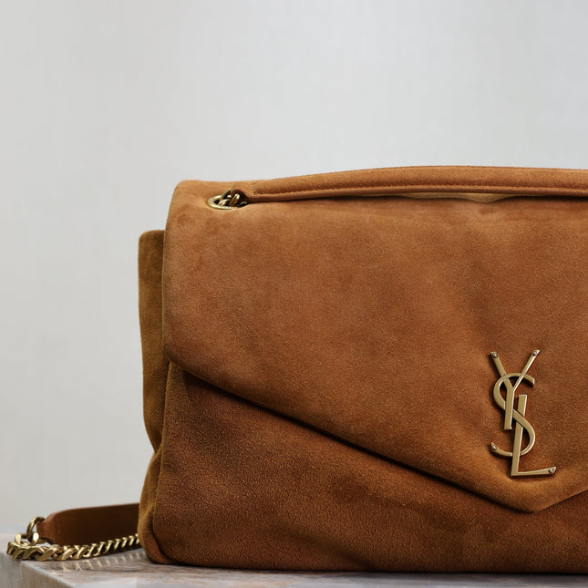 YSL 25S CALYPSO GM 38 IN DARK CARAMEL SUEDE GOLD HARDWARE