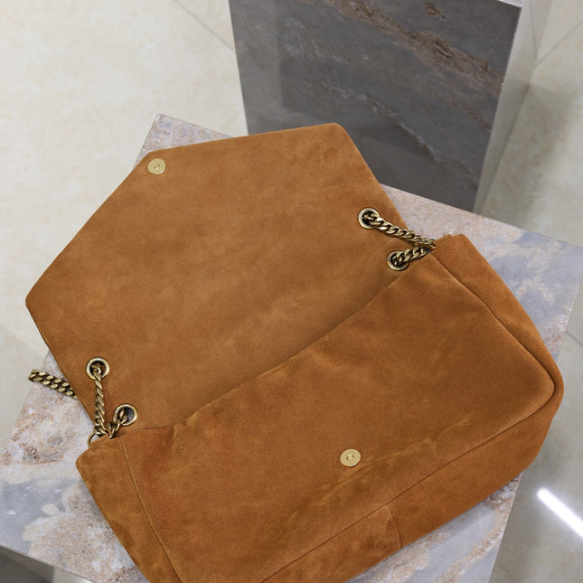YSL 25S CALYPSO GM 38 IN DARK CARAMEL SUEDE GOLD HARDWARE