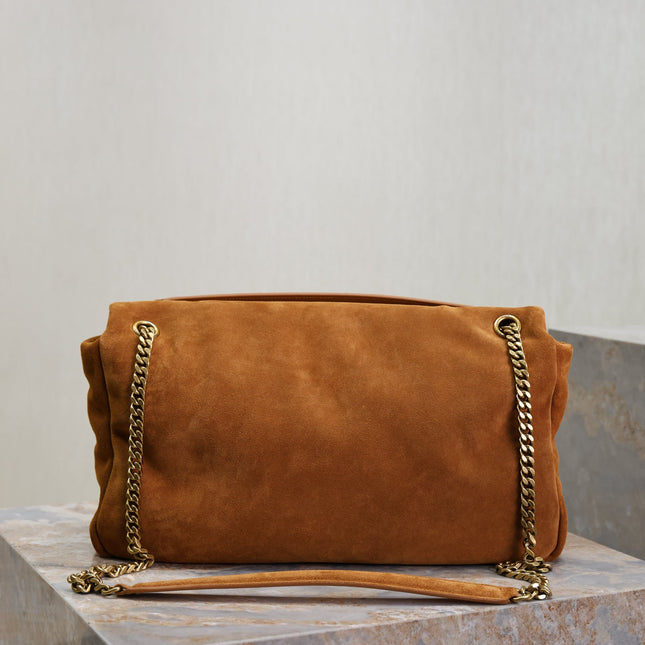 YSL 25S CALYPSO GM 38 IN DARK CARAMEL SUEDE GOLD HARDWARE