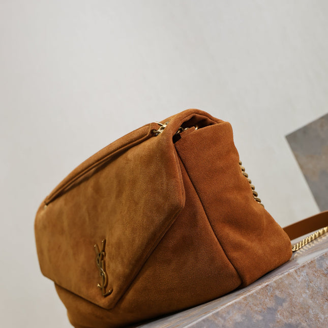 YSL 25S CALYPSO GM 38 IN DARK CARAMEL SUEDE GOLD HARDWARE