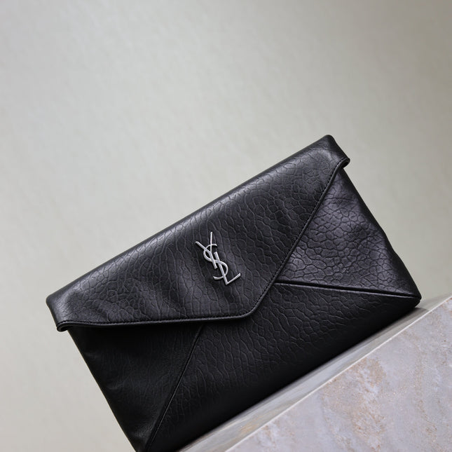 YSL 25S CASSANDRE LARGE ENVELOPE POUCH 29 IN BLACK CALFSKIN GRAY HARDWARE