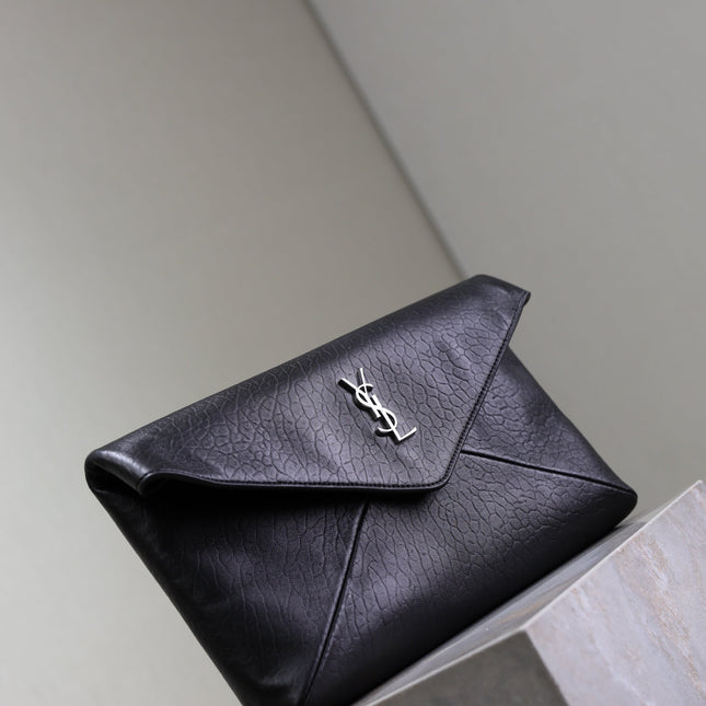 YSL 25S CASSANDRE LARGE ENVELOPE POUCH 29 IN BLACK CALFSKIN GRAY HARDWARE