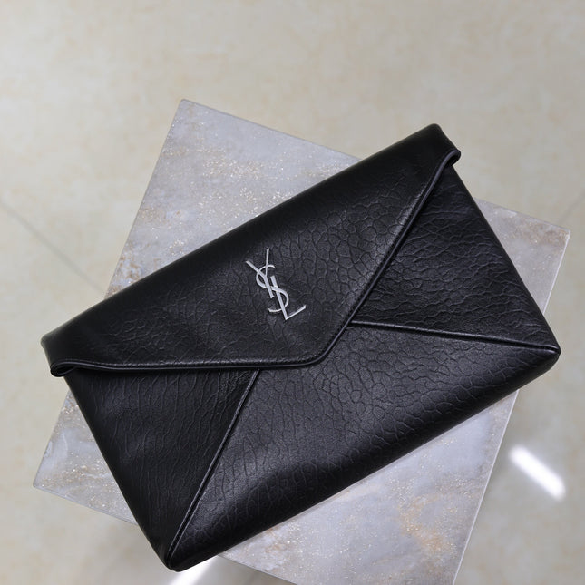 YSL 25S CASSANDRE LARGE ENVELOPE POUCH 29 IN BLACK CALFSKIN GRAY HARDWARE