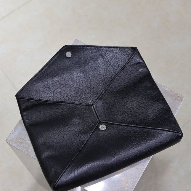 YSL 25S CASSANDRE LARGE ENVELOPE POUCH 29 IN BLACK CALFSKIN GRAY HARDWARE