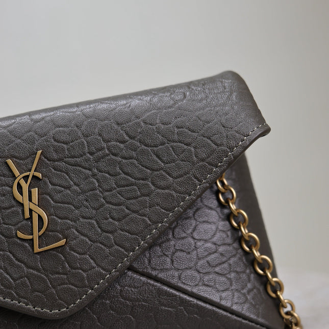 YSL 25S CALYPSO MINI 19 IN CHARCOAL GRAY LAMBSKIN GOLD HARDWARE