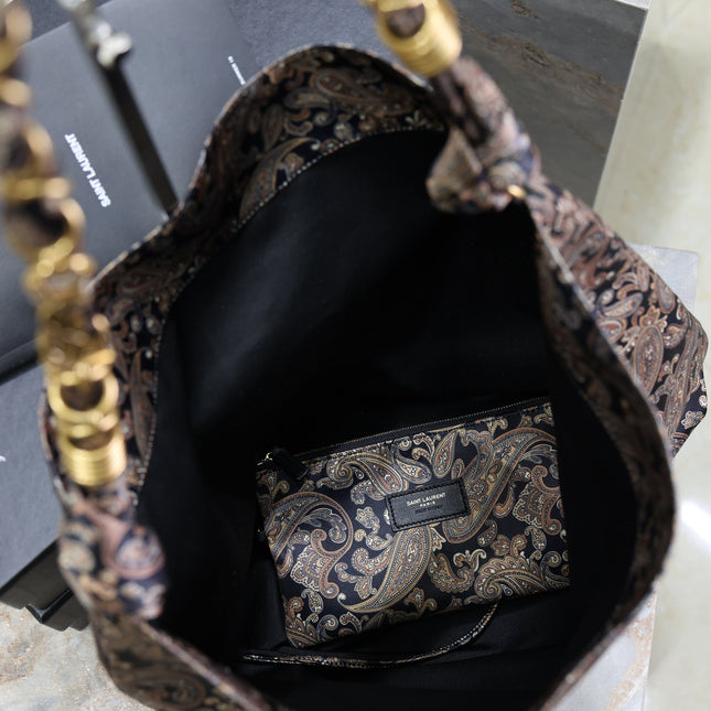 YSL 25S AMALIA 50 IN NAVY MULTICOLOR  SILK TWILL GOLD HARDWARE