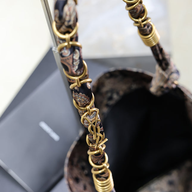 YSL 25S AMALIA 50 IN NAVY MULTICOLOR  SILK TWILL GOLD HARDWARE