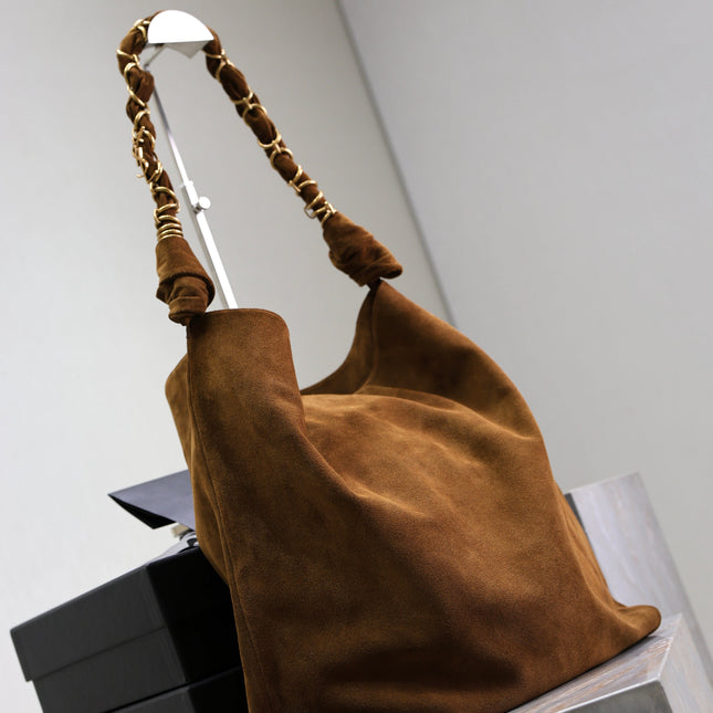 YSL 25S AMALIA 50 IN DARK CARAMEL SUEDE GOLD HARDWARE